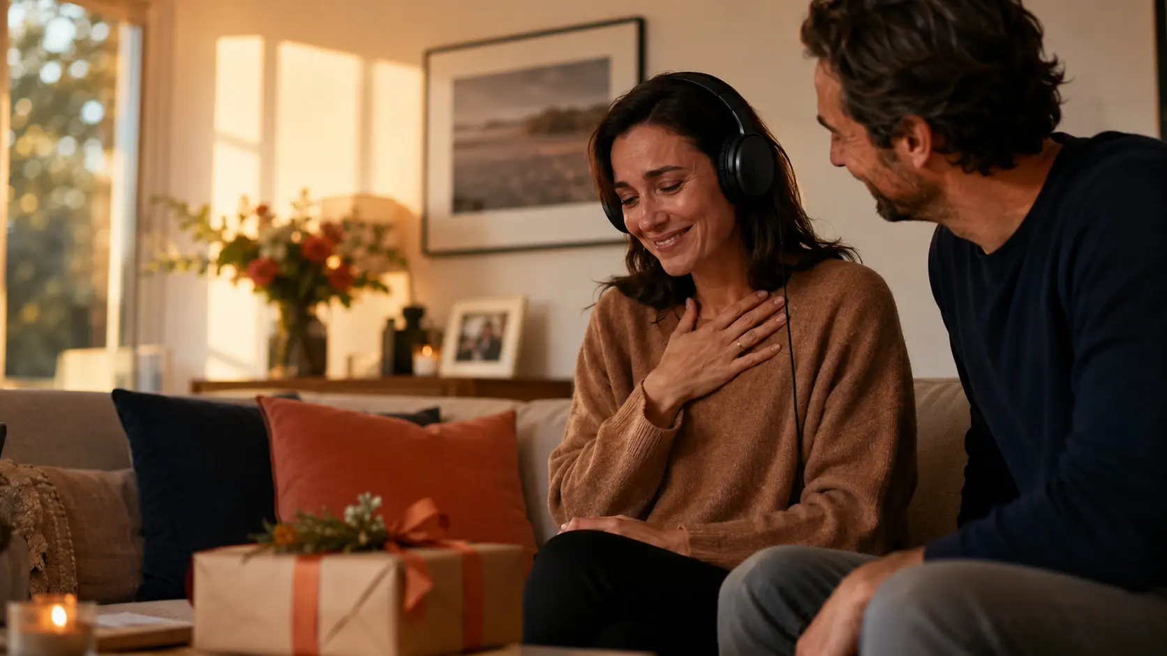A woman hearing her personalised song for the first time while her partner shares the moment