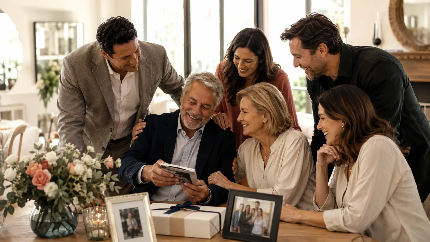 A family sharing meaningful photographs and a milestone gift